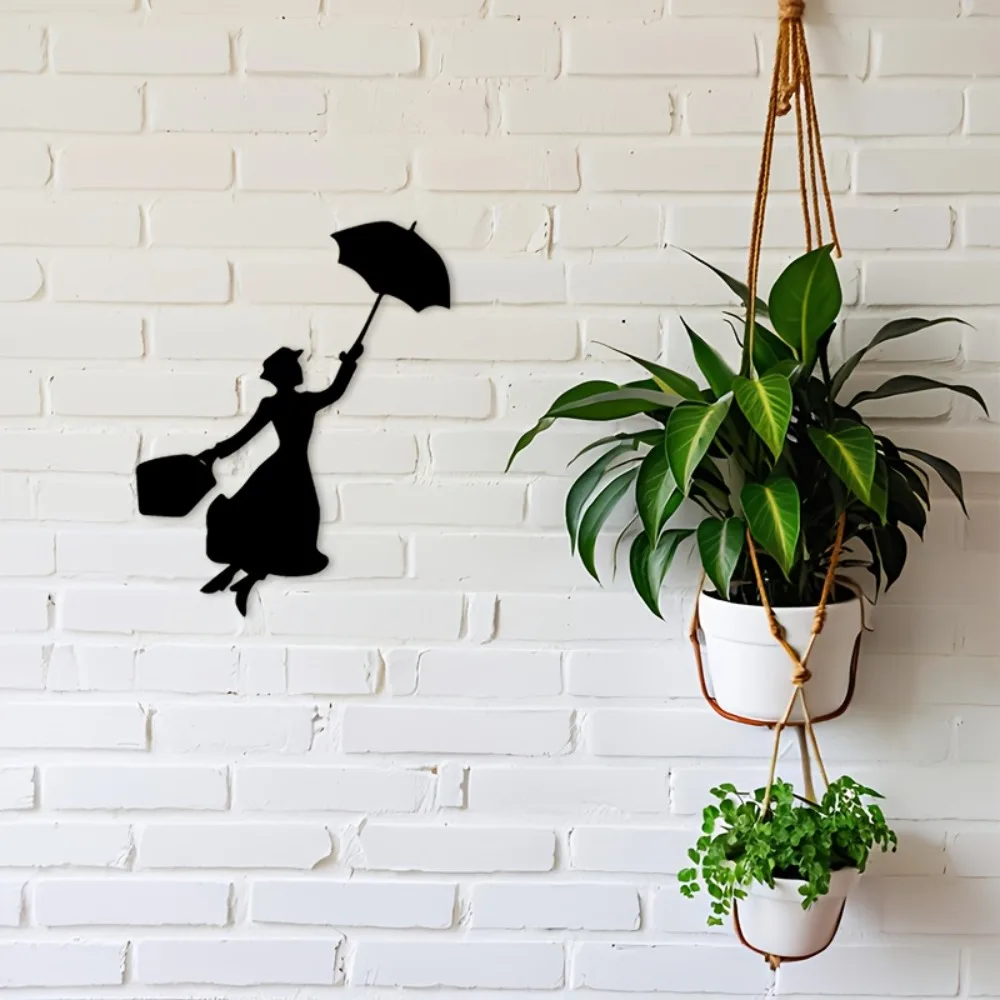 Arte de Pared Metálico con Silueta de Mary Poppins en Negro, Placa Decorativa Plana de Aluminio 2D para Sala de Estar, Dormitorio, Estudio, Ambiente Interior