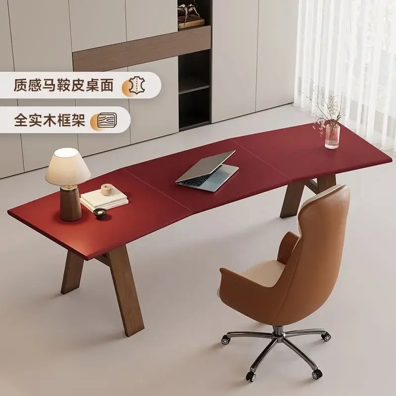 Italian minimalist saddle leather solid wood office lady boss computer desk curved office workbench