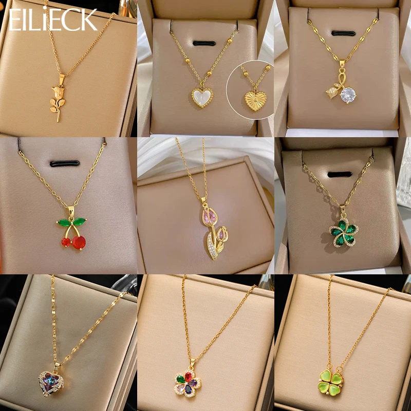 EILIECK 316L الفولاذ المقاوم للصدأ القلب زهرة الملونة الزركون قلادة قلادة للنساء الفاخرة سلسلة عنق خاتم هدايا مجوهرات أنيقة #1
