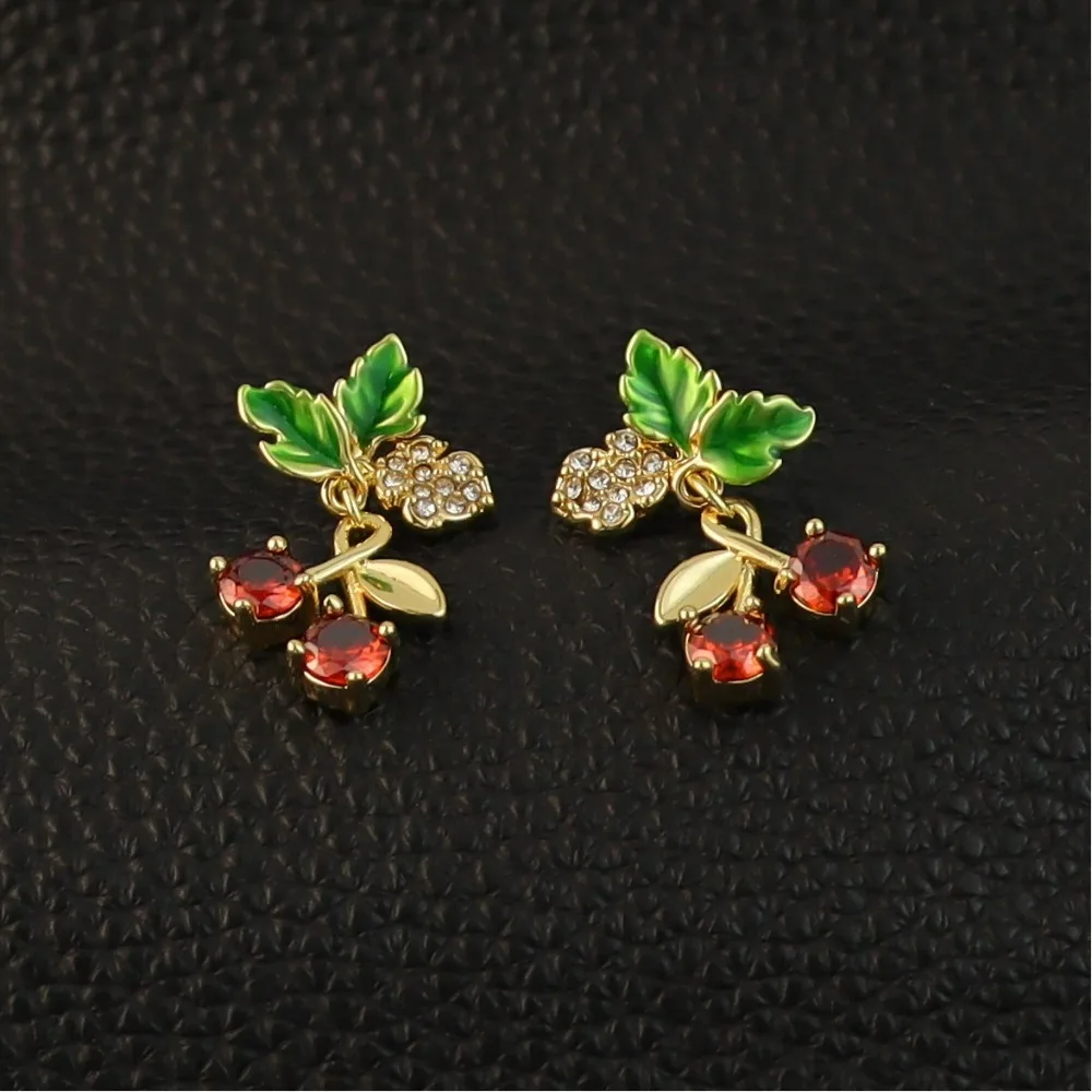 

Fashion New Year Fully Zircon Paved Enamel Leaf Cute Cherry Shape Dangle High-end Fruit Charms Stud Earrings for Women