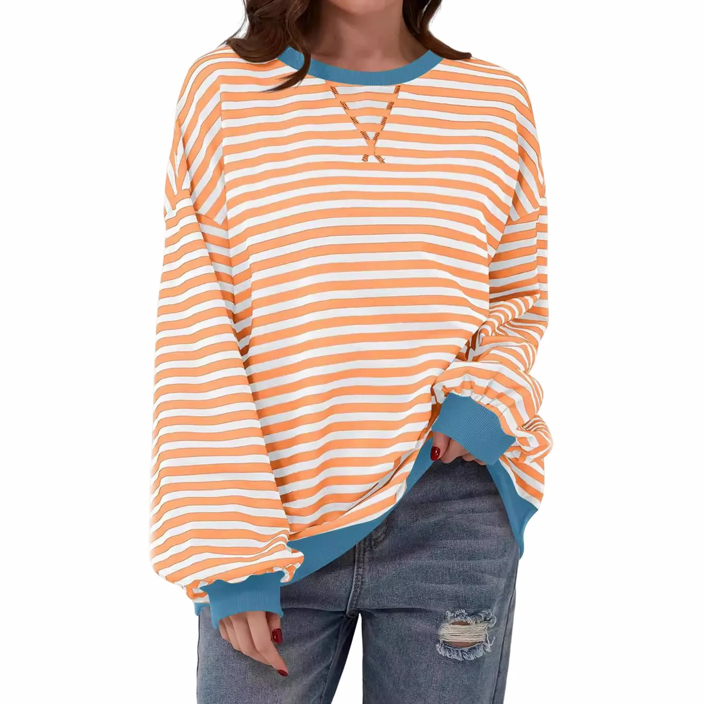 Sweat-shirt rayé ample et décontracté pour femme, Long, Sve, automne-hiver, Faion, confortable, doux, rond, Ne, pull à capuche
