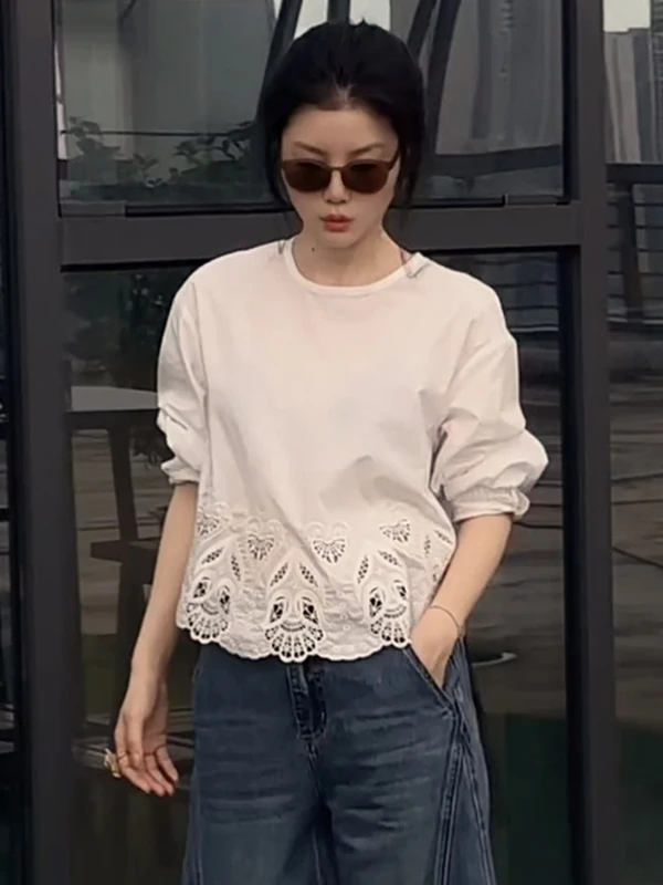 

Elegant Embroidered Hollow out Large Size White Shirt for Women Long Sleeve Belly Covering Fashionable Spring Top