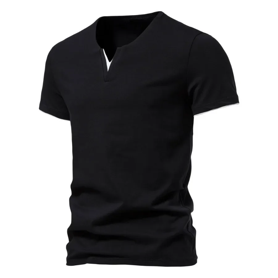 2024 Men\'s Summer Fake Two Piece V-neck T-shirt Short Sleeved Casual Cotton T-shirt Male Basic Fitness Oversized Shirts for Men