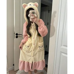 2024 Kawaii Cute Rilakkuma Hooded Pajamas Coral Fleece Nightgown Pants Set Thickened Insulation Autumn Winter Gift for Girls