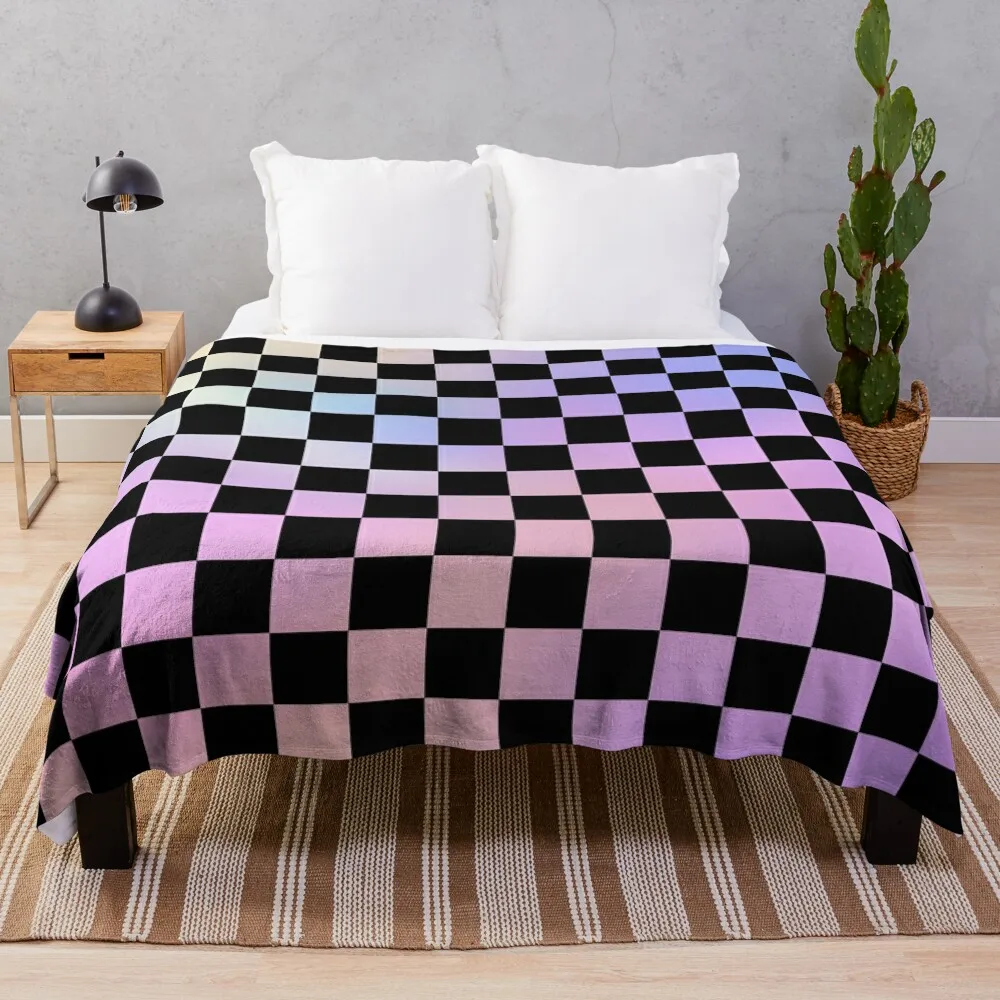 

Checkered Pattern Rainbow Vaporwave Gradient Kawaii Throw Blanket Warm Plush Fuzzy Blanket for Living Room