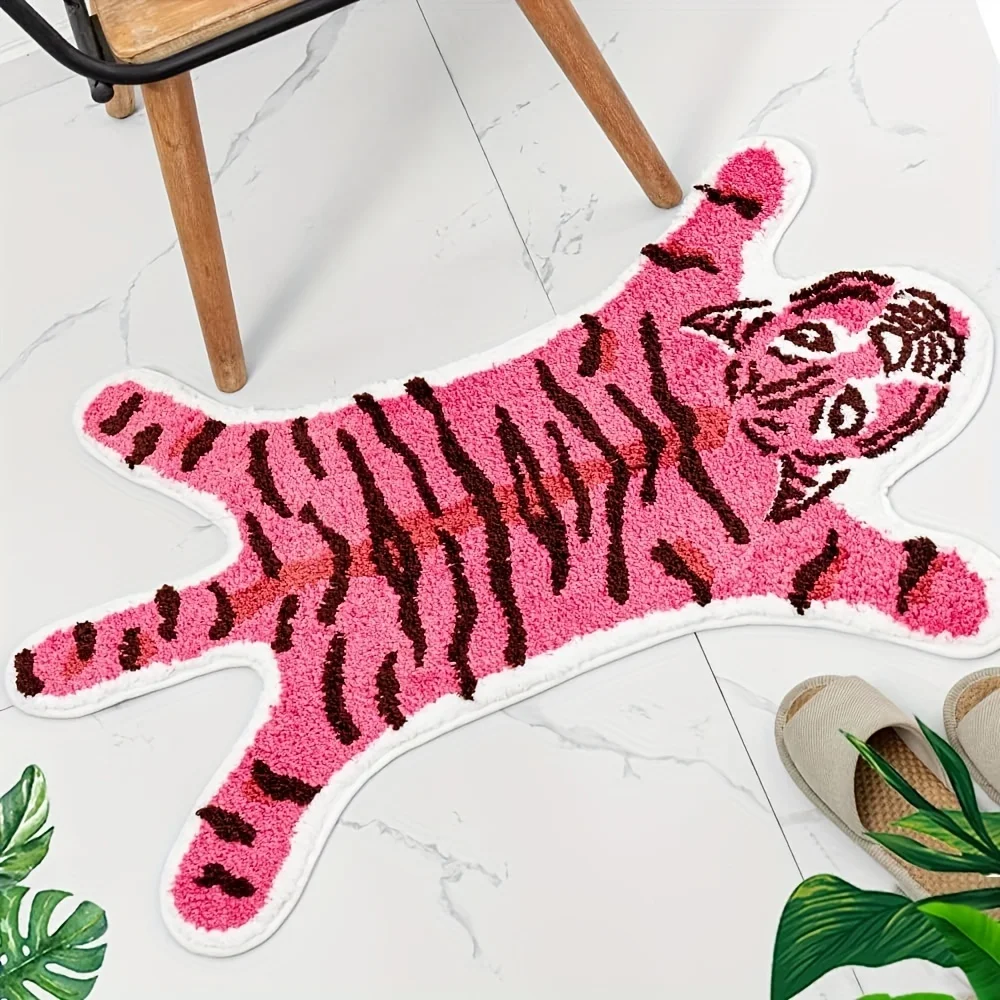 Interesting Mat, Cute Pink Tiger Cartoon Anti Slip Animal Shaped Absorbent College Style Small Bathtub Bathroom Decoration