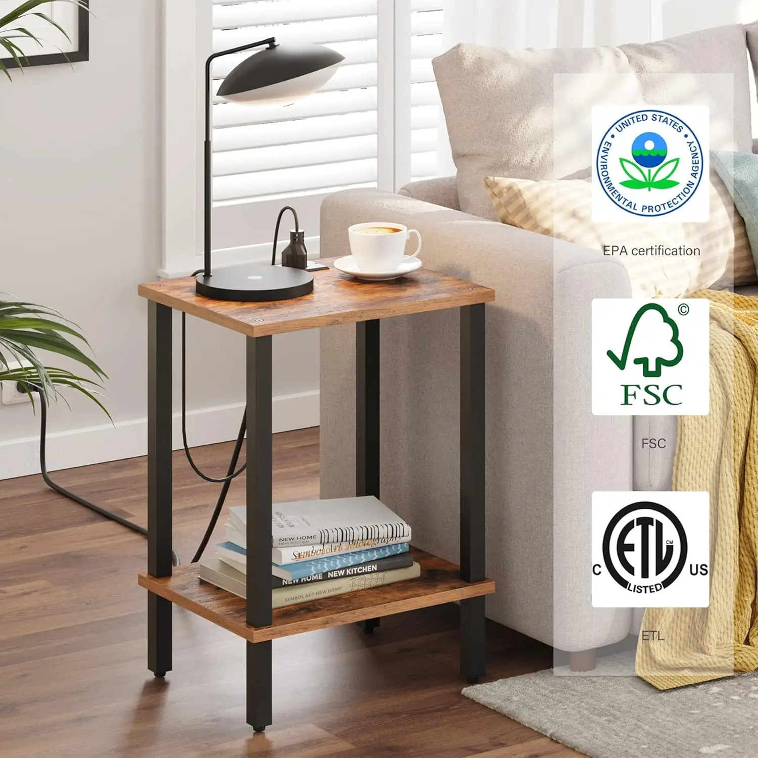 

Торцевой столик Tutotak с зарядной станцией, приставной столик с USB-портами и розетками, тумбочка, 2-уровневая полка для хранения, диван-стол