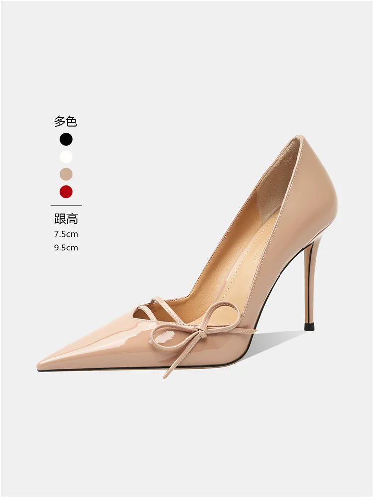 Spring and summer pointed shallow mouth patent leather bow fine heeled shoes for banquets, small size high-heeled women's shoes