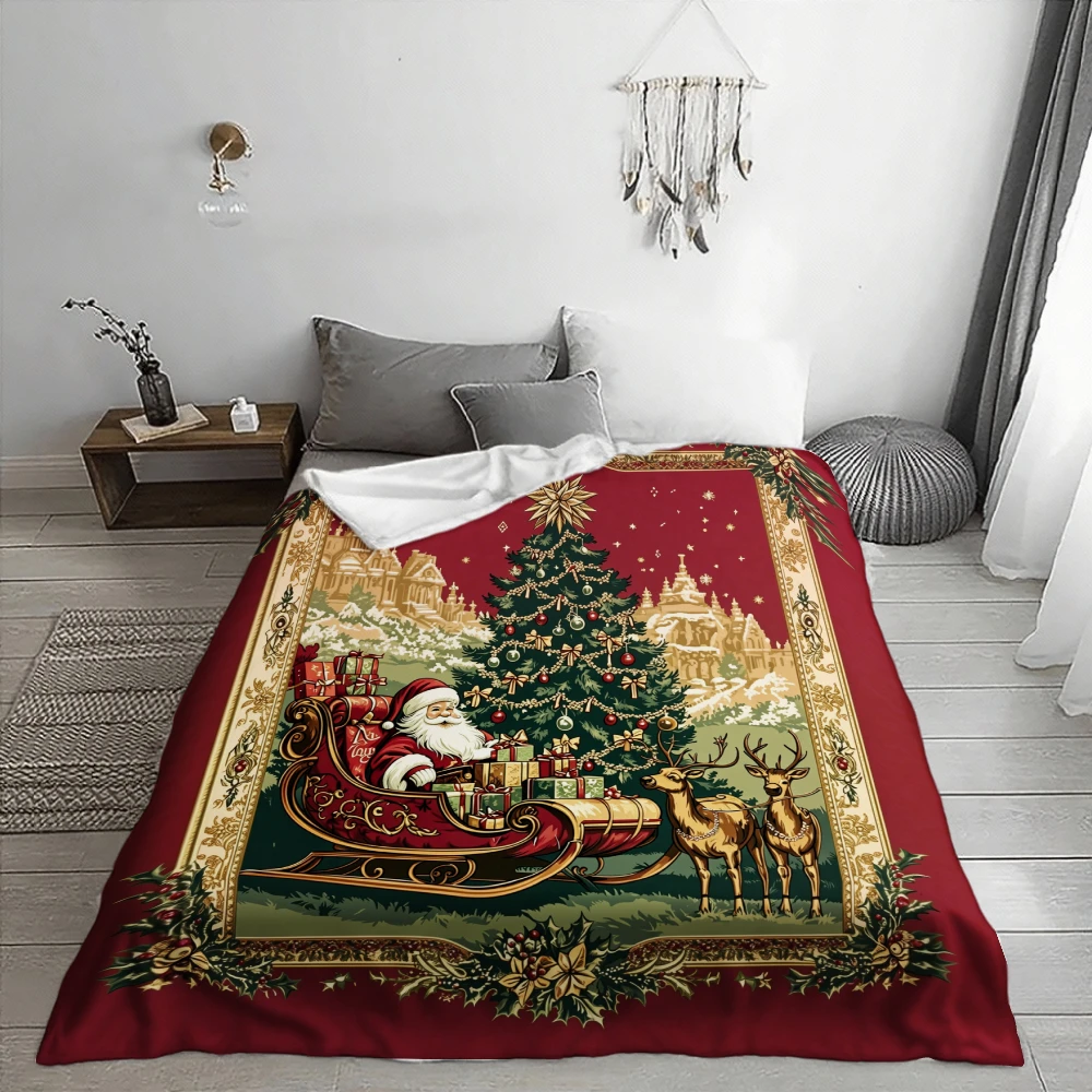 Classic Santa Claus Christmas Scene, Holiday Gift for Family, Soft Fleece Blanket, Vintage Red Golden Design, Cozy Home Decor, M