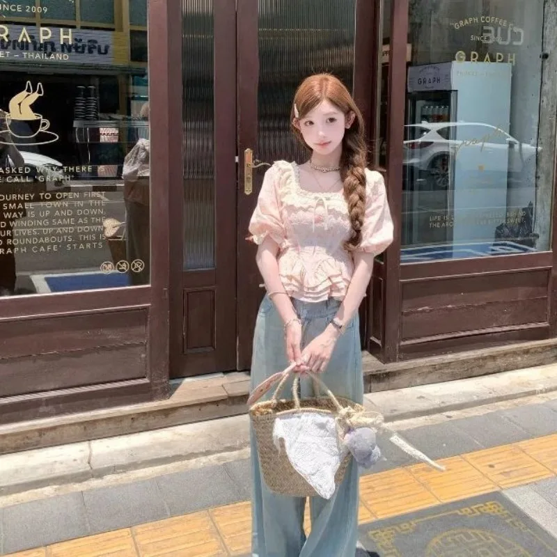Summer Sweet Y2k Slim Blouse Short Sleeve Shirt Bow Embroidery Lace Pink Floral Print All-match Tops Ruffles Harajuku Kawaii Top