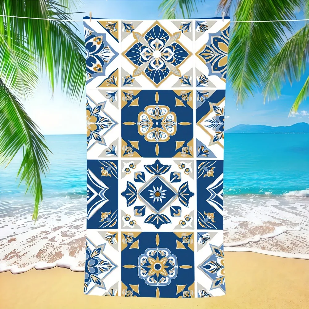 

Изысканное пляжное полотенце с рисунком: дизайн синей, золотой и белой плитки для летних развлечений! Подходит для полотенец, банных полотенец, пляжных полотенец.
