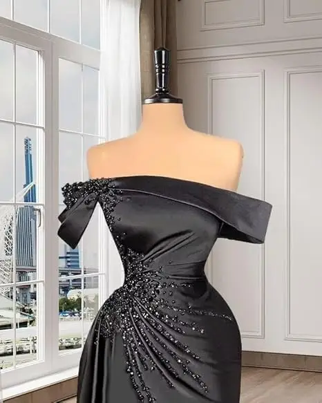 Customized New  Black Ruffle  Evening Dresses Half Sleeves Empire Waist Sexy Ladies Prom Party Gowns Vestidos De Fiesta