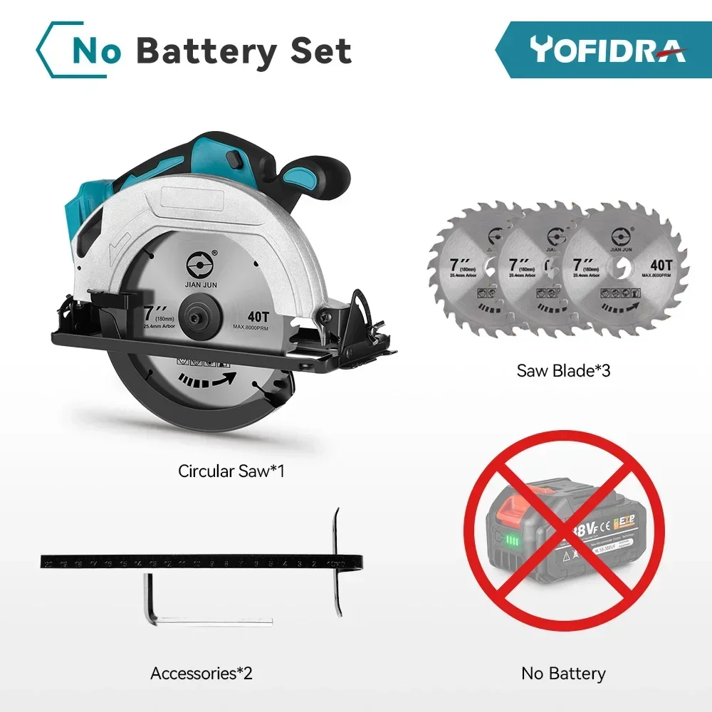 YOFIDRA 7Inch Borstelloze Elektrische Cirkelzaag 180mmSnoerloos Verstelbare Hoek Snijden Power Tool Fit Voor Makita 18V Batterij pin