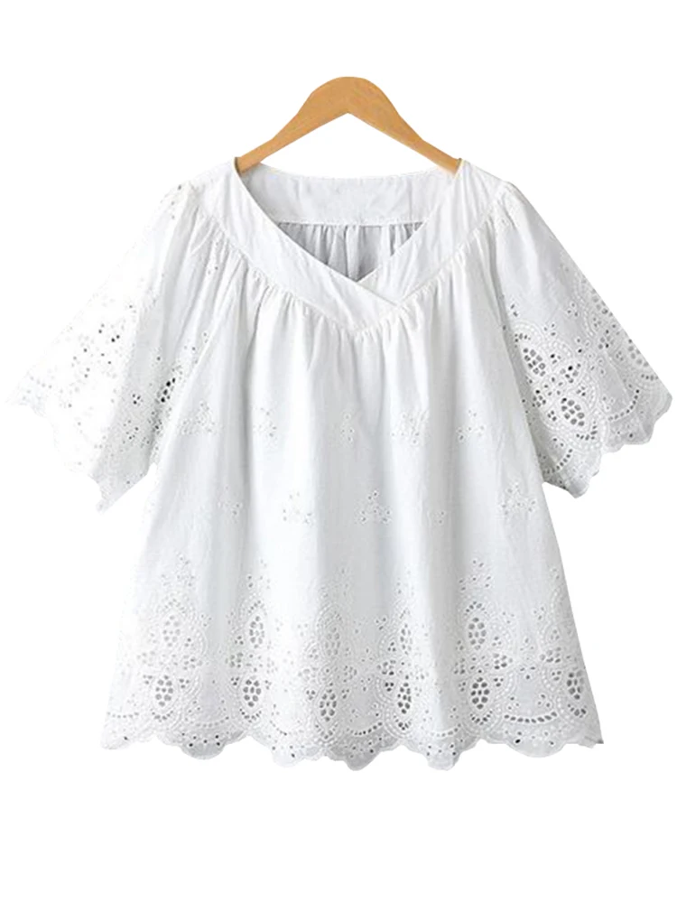 2024 ZANZEA Summer Lace Crochet Shirt Women Elegant 3/4 Sleeve Embroidery Blouse Fashion V Neck Holiday Blusas Patchwork Tops