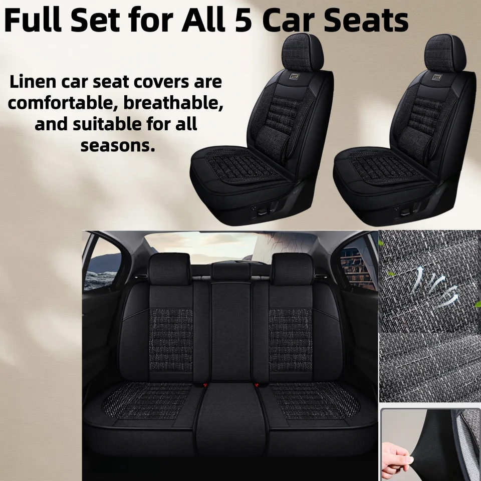 Linen Material, Full 5-Seater Car Seat Covers, with Built-In Fixed Lumbar Support, Comfortable and Breathable, Suitable for All Seasons, with Three-Dimensional Side Support, Classic Color Options Available, Suitable for Most Car Models