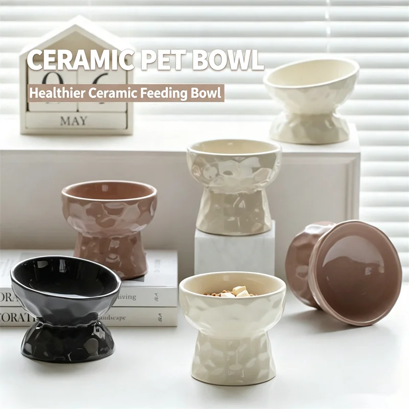 Fashion Elevated Ceramic Cat Bowl 15° Tilted Pet Feeder Anti Black Chin Neck Protection Water Food Bowl for Cats Small Dogs