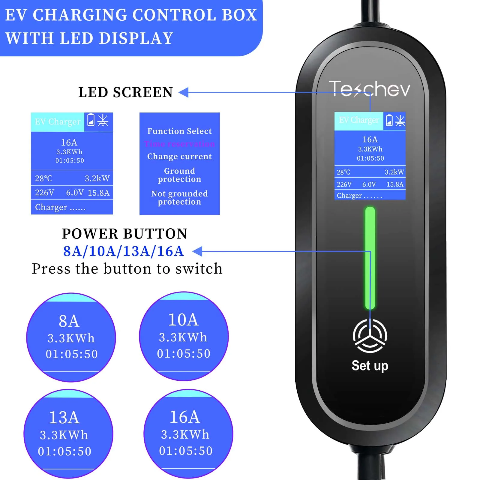 Teschev – chargeur EV Portable 220V, 16a, 1 phase, 3.5kW, adapté aux EVs Type2/Type1/GBT, avec prise Schuko, câble de chargement EV