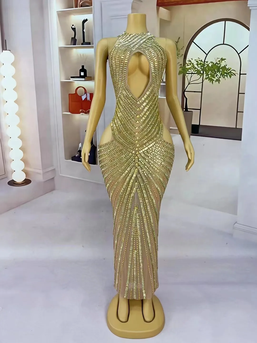 Women Sparkly Rhinestones gold Mesh See Through Hollow Long Dress Sexy Wedding Birthday Celebrate Evening Prom Dress Shoot Wear