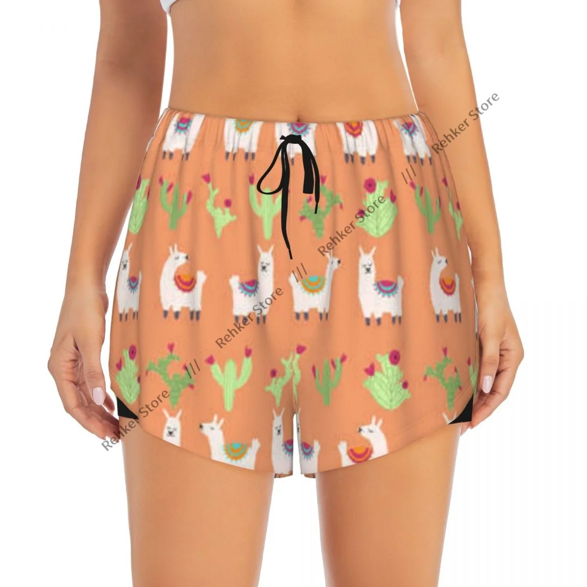 운동 반바지 여성 피트니스 빠른 건조 더블 레이어 반바지 라마 알파카 선인장 운동 요가 짧은 바지 체육관 레깅스