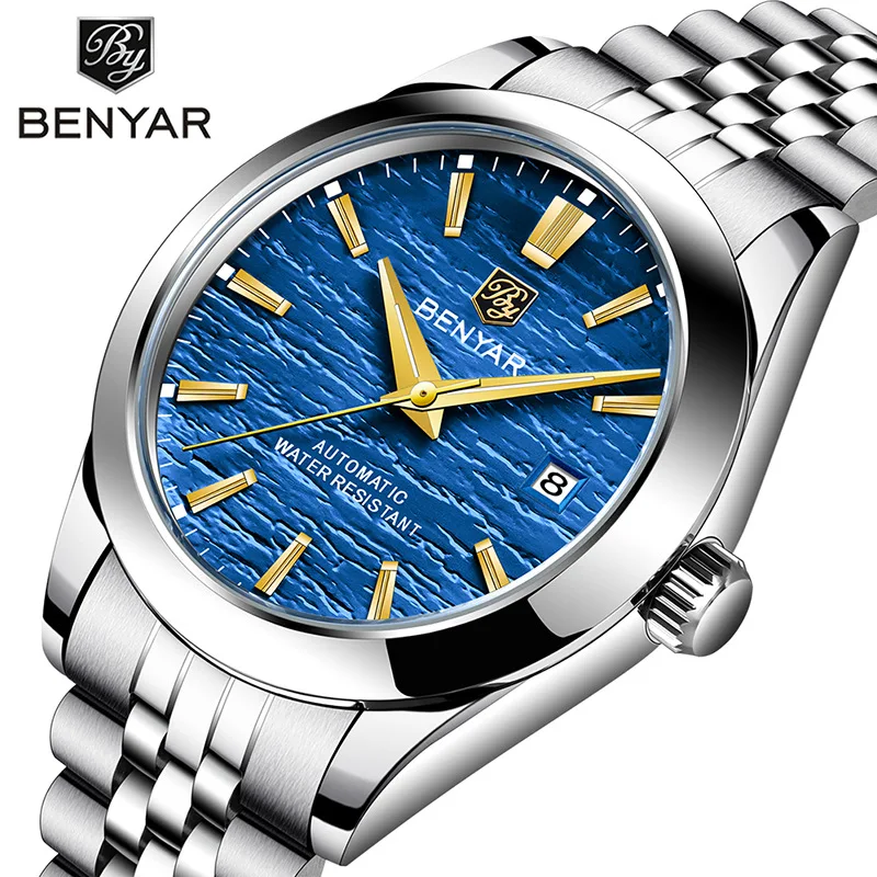 Benyar For Mens Watch Skeleton Stainless Steel Automatic Wristwatch Mechanical Auto Date Luminous Hands Waterproof Reloj Hombre