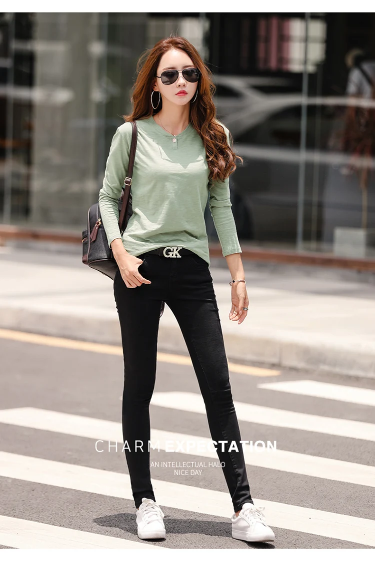 2026 Langarm Frühling Damen Slub-Baumwoll-T-Shirts mit Knöpfen, grüner V-Ausschnitt, einfarbiges T-Shirt, kaffeefarben, koreanische weiche, lockere Oberteile – Detail 15