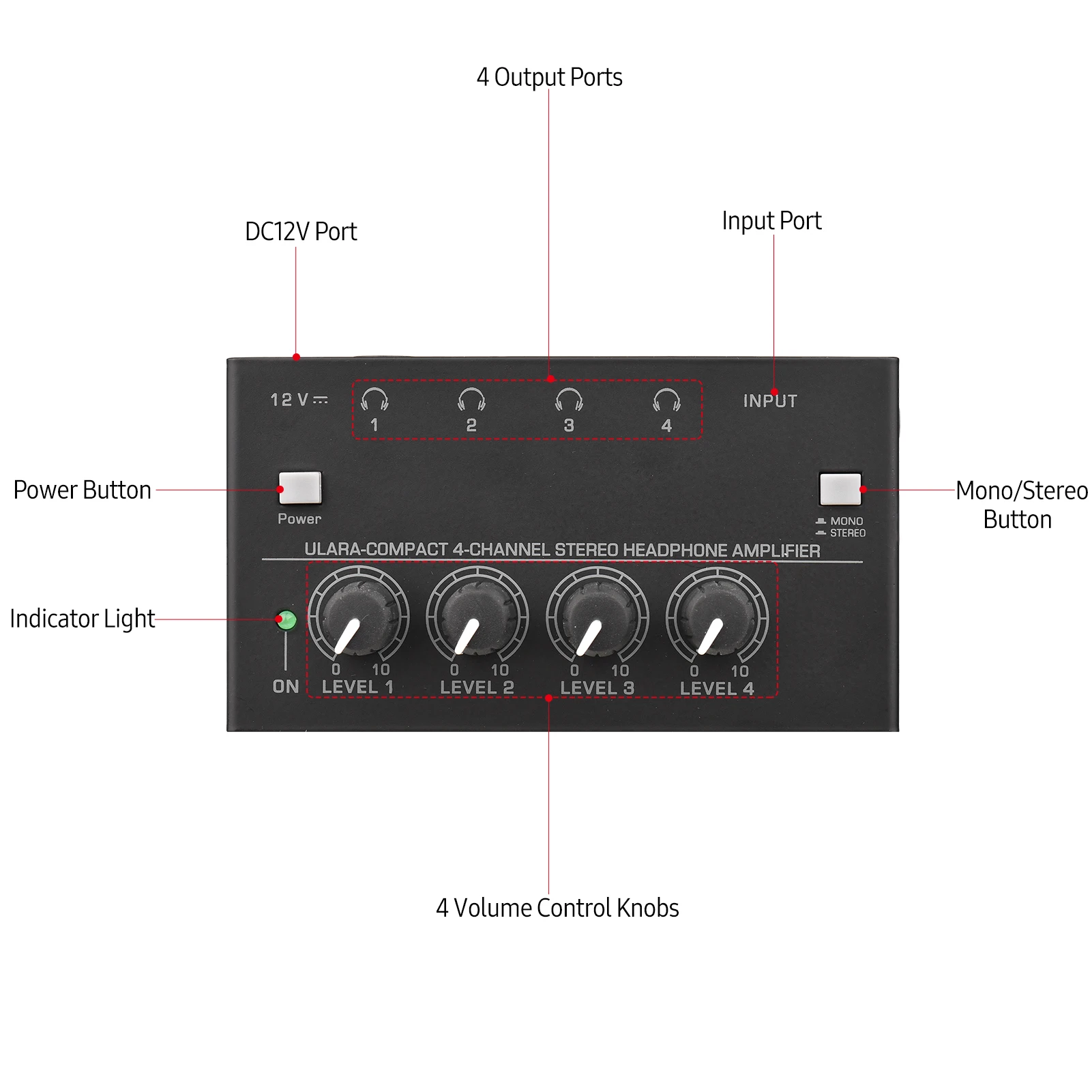 Professional Ultra-compact 4-channel Stereo Headphone Amplifier Upgraded Mini Audio Amp with Mono & Stereo Switch Power Adapter