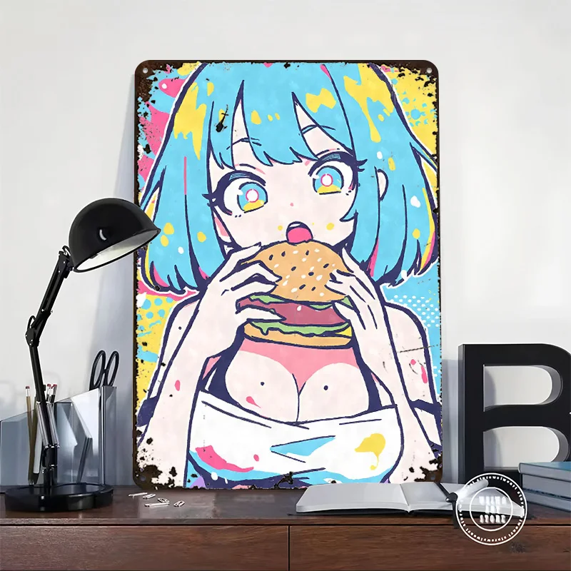 Anime Girl Eating Burger Poster Customized Wall Art Vintage Metal Signs Retro Tin Plaque for Man Cave Decoration Bedroom House