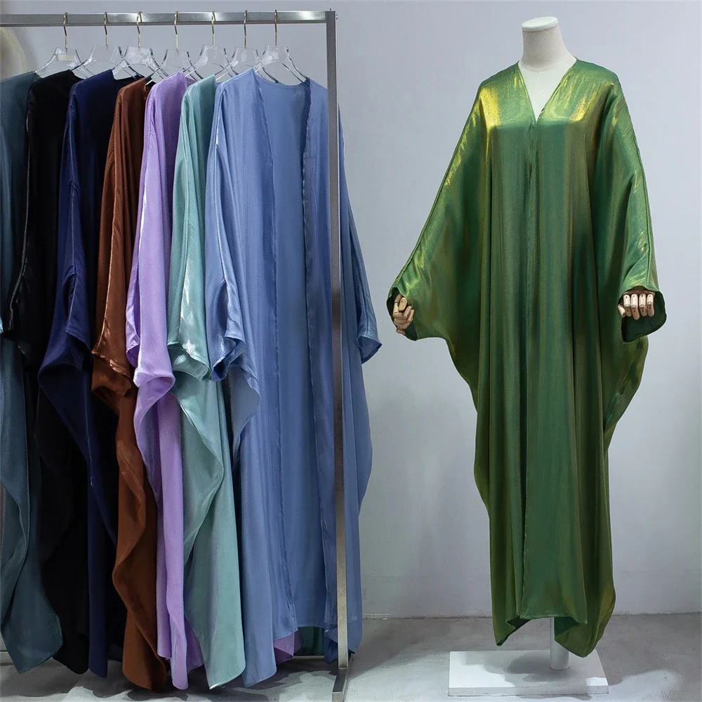 Muslim Fashion Bright Silk Satin Batwing Sleeve Open Abaya Solid Oversized Arab Dubai Moroccan Kaftan Corban Eid Al Adha Robe