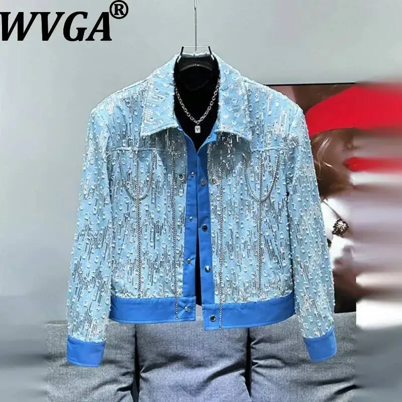 WVGA Men's Korean Fashion New Metal Chain Decoration Hole Denim Jackets Autumn Winter Sequin Contrast Color Male Tops Ins W18176