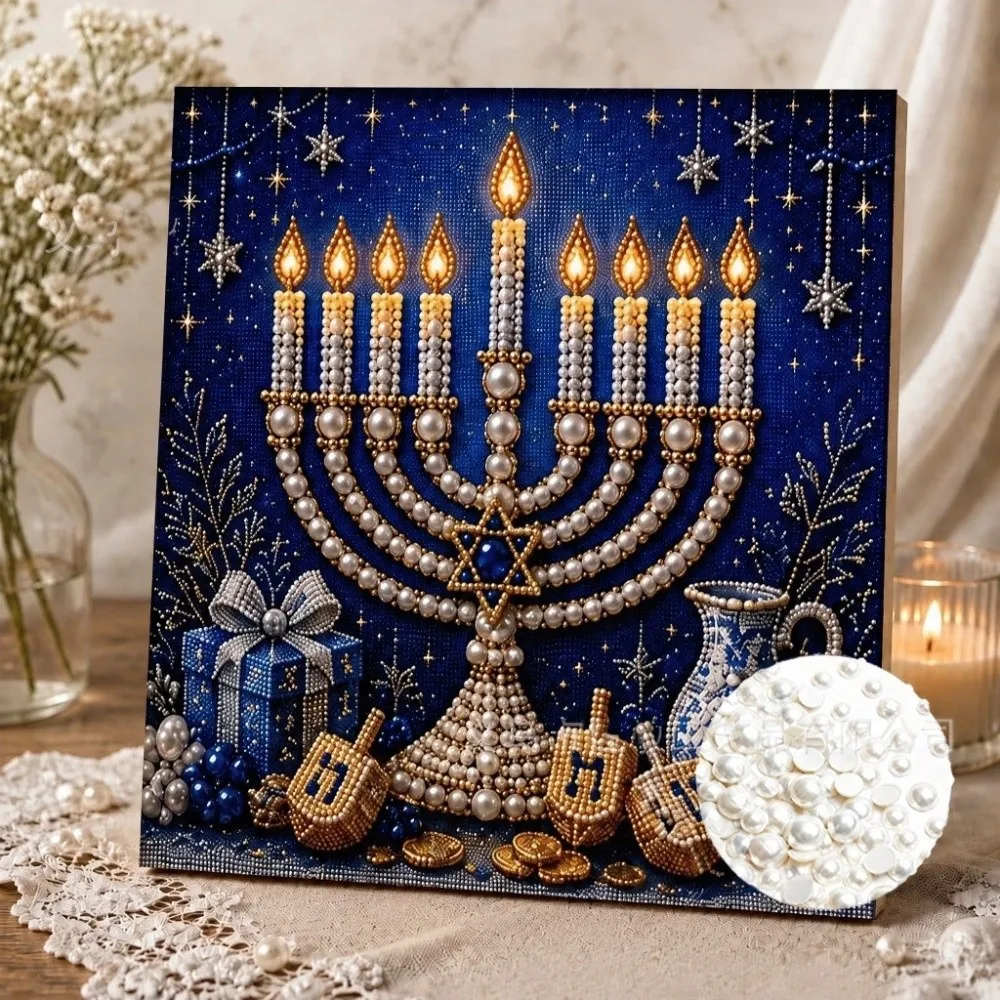 DIY Pearl Diamond Art Kit 3D Resin Pearls Pearl Diamond Painting Pearl Beads With Frame Pearl Beads Craft Kit Hanukkah