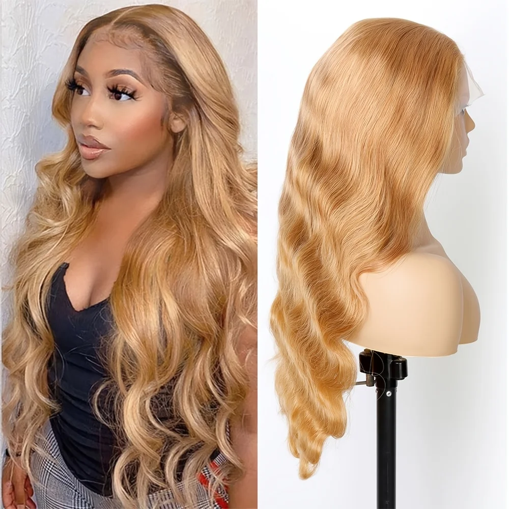 Honey Blonde Wig Human Hair 13x6 Body Wave Hd Lace Front Wigs Human Hair Pre Plucked 27# Colored Blonde Lace Frontal Wig 180% Density Real Hair Wavy Human Lace Front Wigs For Women view 3