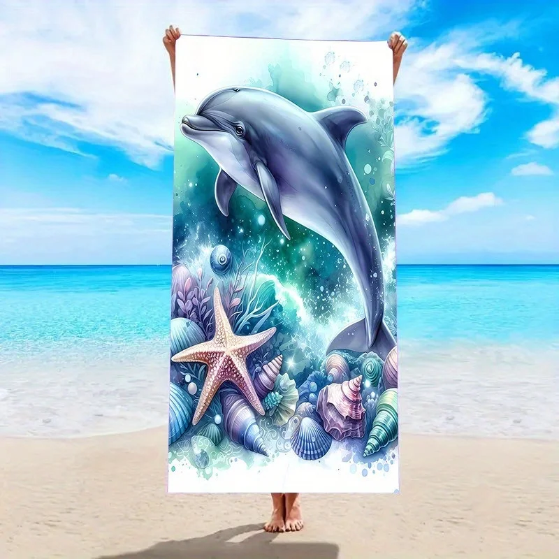 Ultra-Soft Quick-Dry Beach Towel Oceanic Delight Dolphin Seashells Design Super Absorbent Microfiber Vibrant Cartoon Print