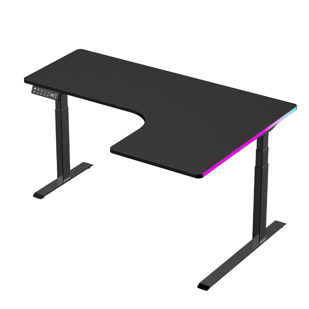 Height Adjustable L Shaped RGB Gaming Desk Motorized Lifting Ergonomic Gaming Table Black White Large Standing Computer Desk