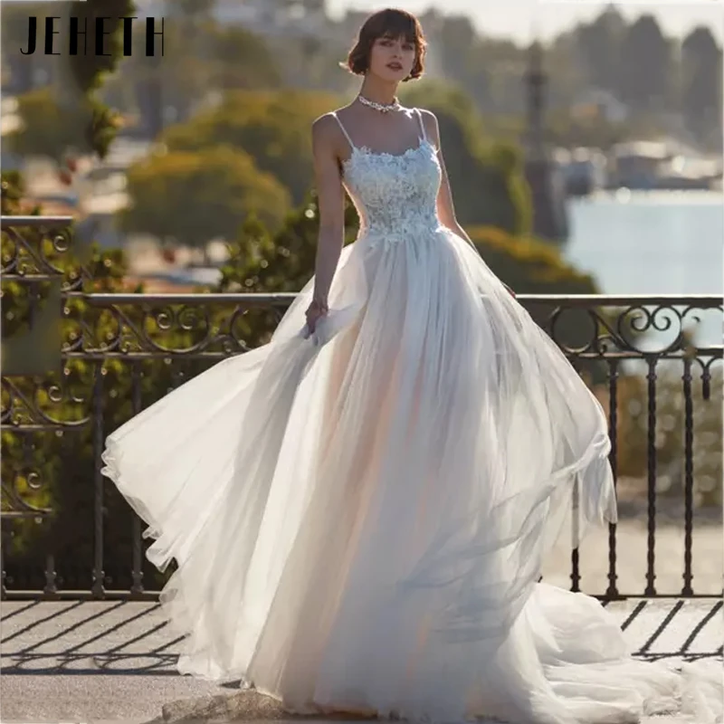 JEHETH Sexy Sweetheart Wedding Dress Charming Spaghetti Straps A-Line Bridal Gown Delicate Lace Appliques Tulle vestido de noiva