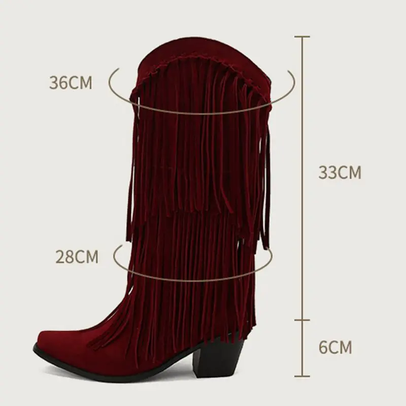 REAVE CAT Tassels Women Mid Calf Boots 32 33 Toe Flock Suede Chunky Heels 6cm Slip On Fashion Daily Bota Size 47 48