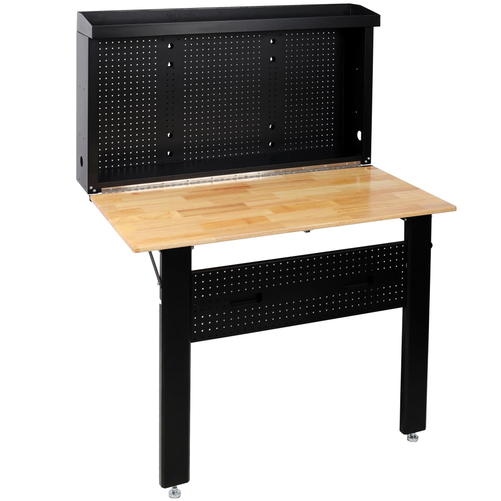 Wall Mounted Workbench, Robust Space-Saving Foldable Workbench with Rubberwood Work Surface, Pegboard for Tools