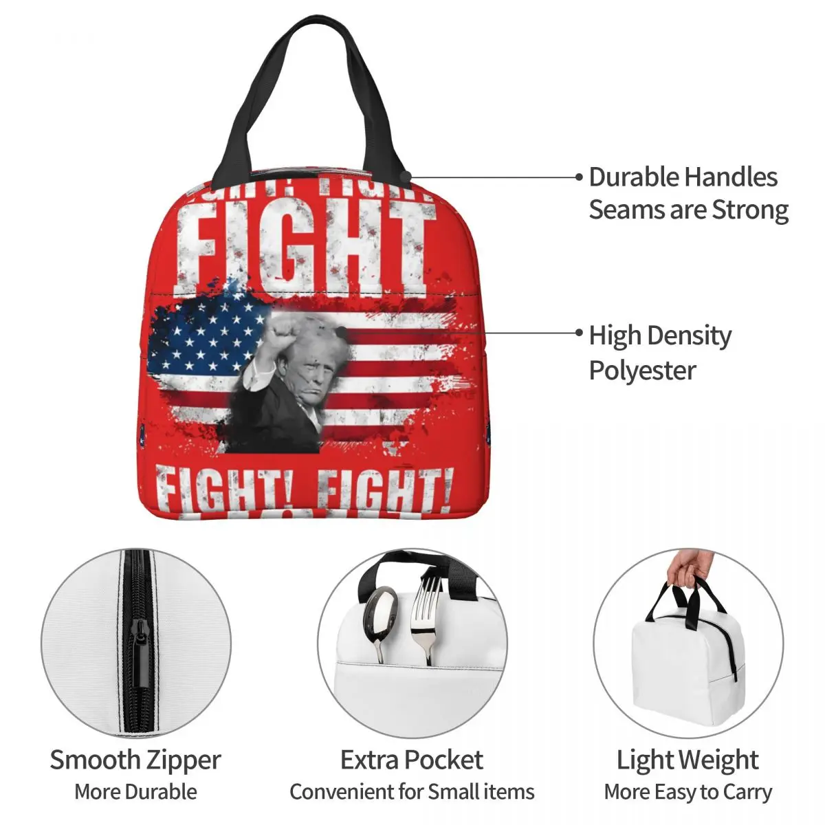 For Students School Office Lunch Boxes Donald Trump Fight American Ice Pack Donald Trump Zipper ClosureLunch BagHiking