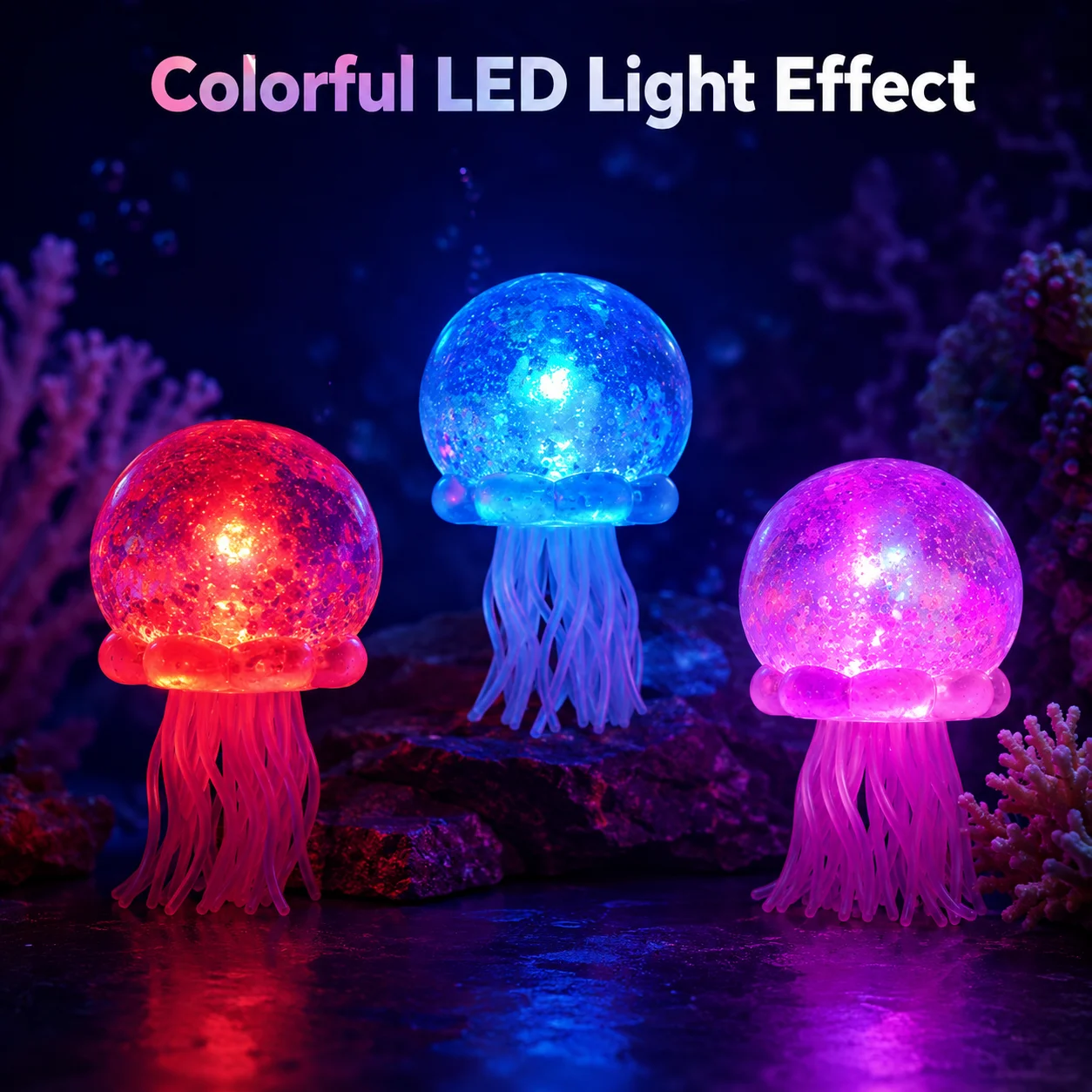 Brinquedo de medusa transparente com lantejoulas de 4 cores e tentáculos de silicone macios e elásticos. Brinquedo fofo anti-stress com luzes LED que brilham quando apertado, perfeito como um presente fofo para aniversários, festas, Natal e Halloween.