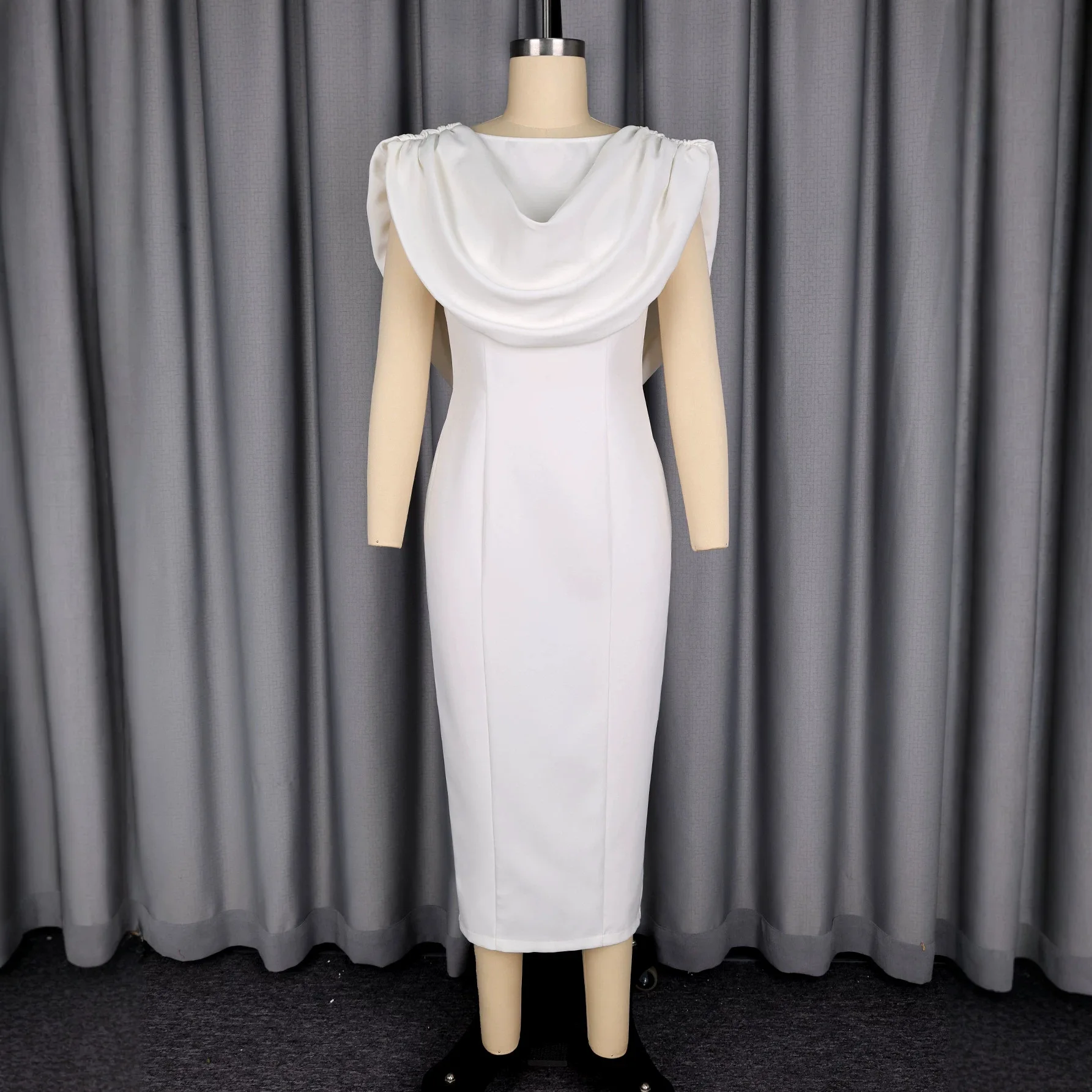 Plus Size Women's White Turtleneck Bodycon Sleeveless Ruffle Neck Waist Slim Fit Midi Dress Evening Dresses view 2