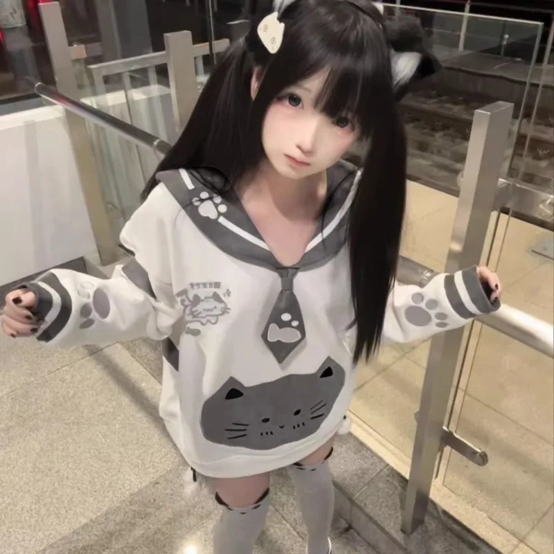 Zhai Moe Sweet and Cute Fleece Navy Neck Sweater Cat Embroidered Long Sleeve Top Women