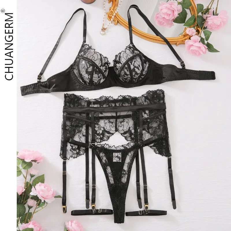 

CHUANGERM,Black Sexy Underwear lingerie set,Onlyfans,Three-point sexy underwear lace embroidery four-piece set