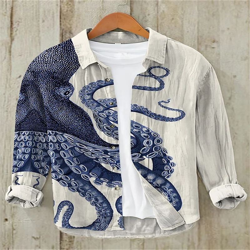 

Men's cotton and linen shirt dirty blue octopus 3D printing casual beach shirt direct sales large size XS-6XL