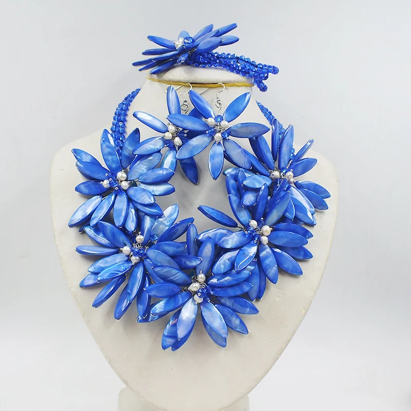 Beauty Design Blue Shell Beads Jewelry Set Flower Necklace 20\