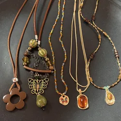 Vintage Brown Natural Stone Pendant Necklace for Women Fashion Geometric Long Leather Rope Necklace Sweater Chain Jewelry Gifts