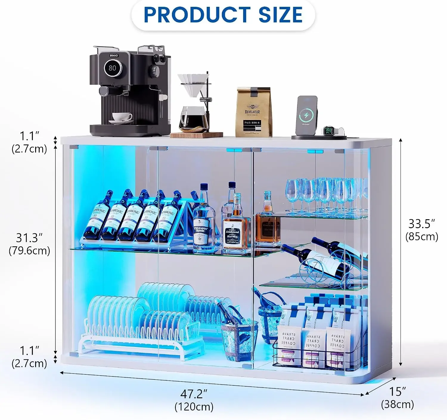 LED Display Cabinet with Glass Doors | Human Sensor RGB Lights, Rounded Design LED Curio Cabinet for Collectibles, White