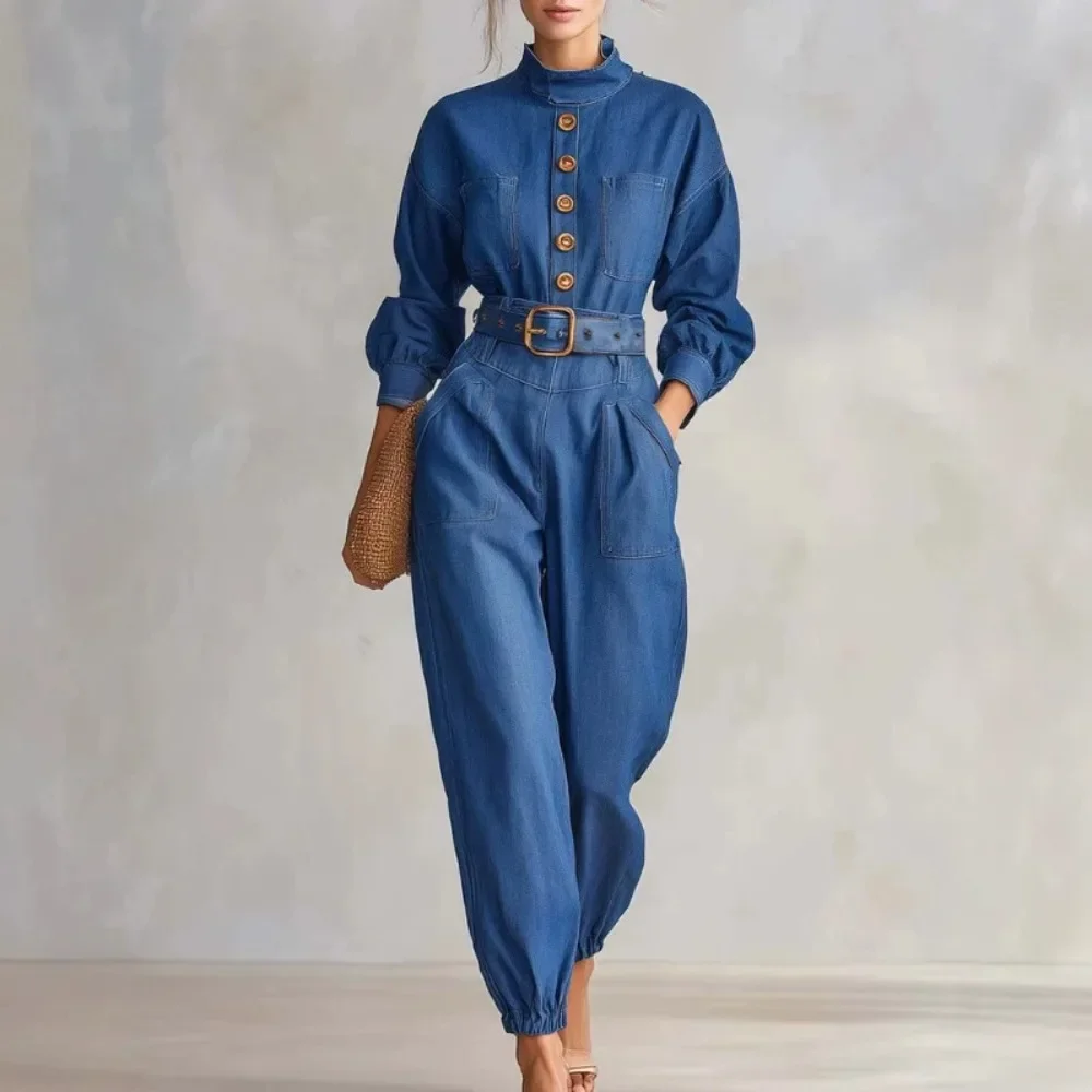 Women Denim Jumpsuit Casual Tapered Leg Long Sleeve Rolled Hem Retro Fashion