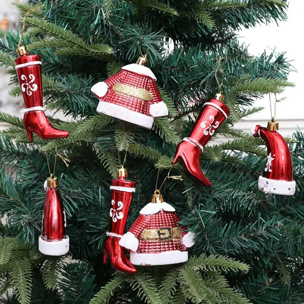 4pcs/set Painted Christmas Tree Boot Hat Pendant Glittering Red Xmas Teee Hanging Pendant Plastic Christmas Tree Ornament