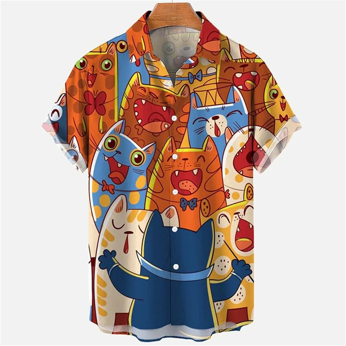 Hawaiian Style Men's Short Sleeve Shirts Cute Kitten Print Men's Lapel Tops Plus Size Comfortable Loose Men's Shirts