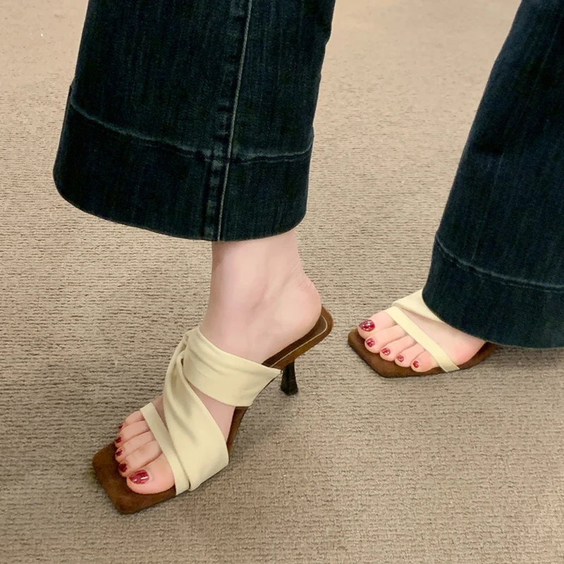 

Vintage Square Toe High Heels Women Slippers 2026 Summer Ladies Elegant Party Stripper Female Slides Shoes Zapatos De Mujer