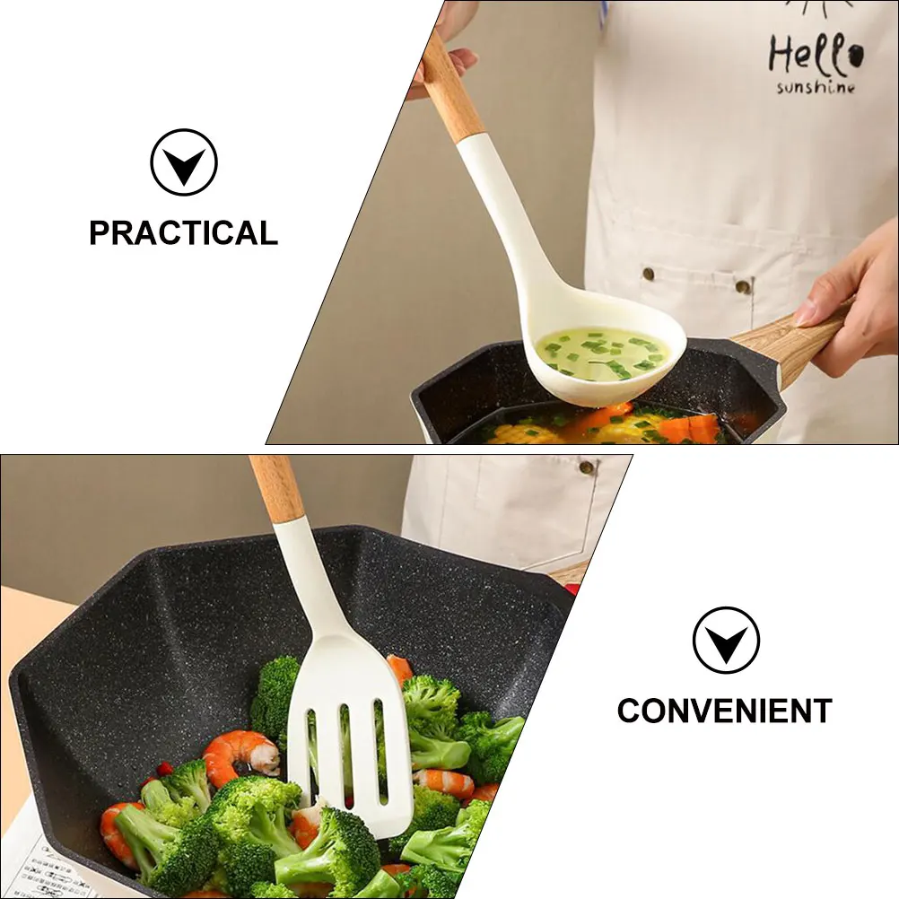 

Silicone Kitchenware Set Cooking Utensils Spatulas Cutlery Wooden Handle Pancake Slotted Spoon Nonstick Cookware Travel
